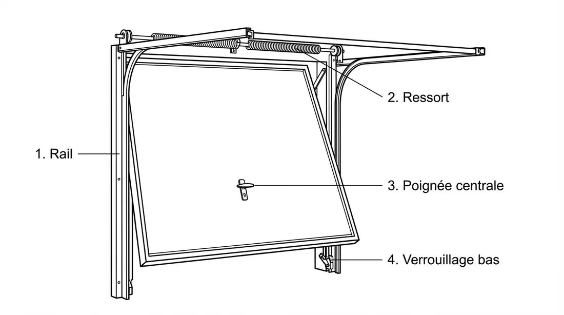 Schéma technique identifiant les points de panne : rail, ressort, poignée et verrouillage.