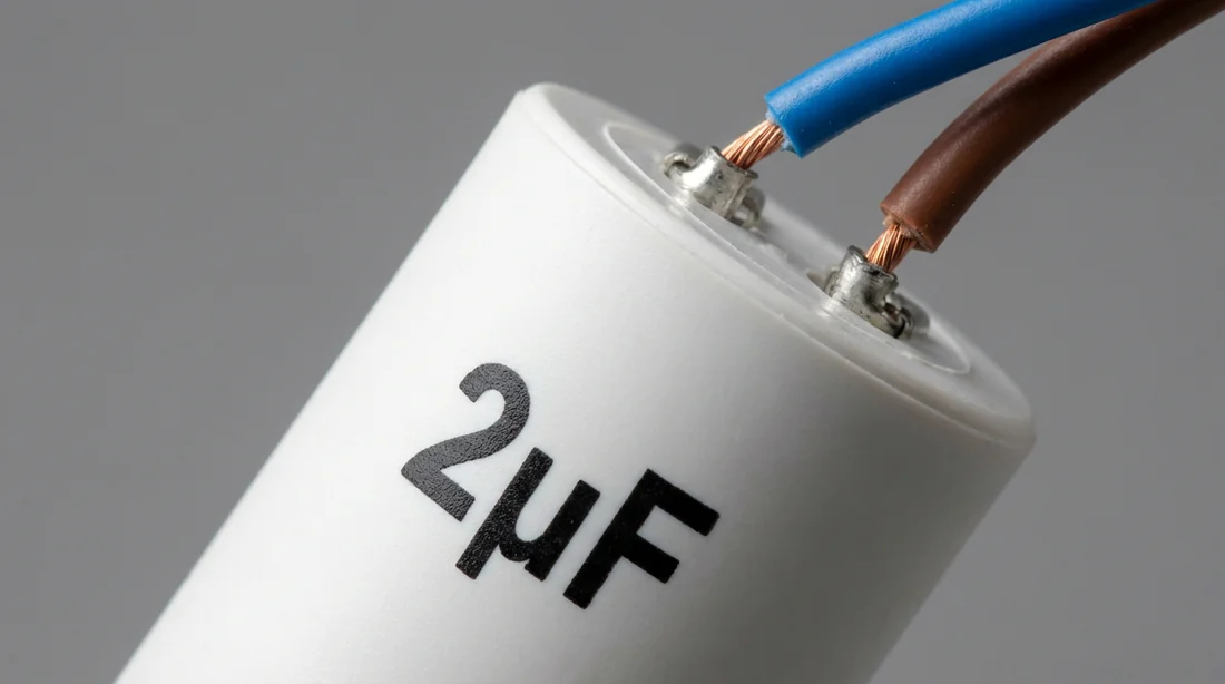 Photo d'un condensateur 2µF pour ventilateur de chauffe-eau thermodynamique.