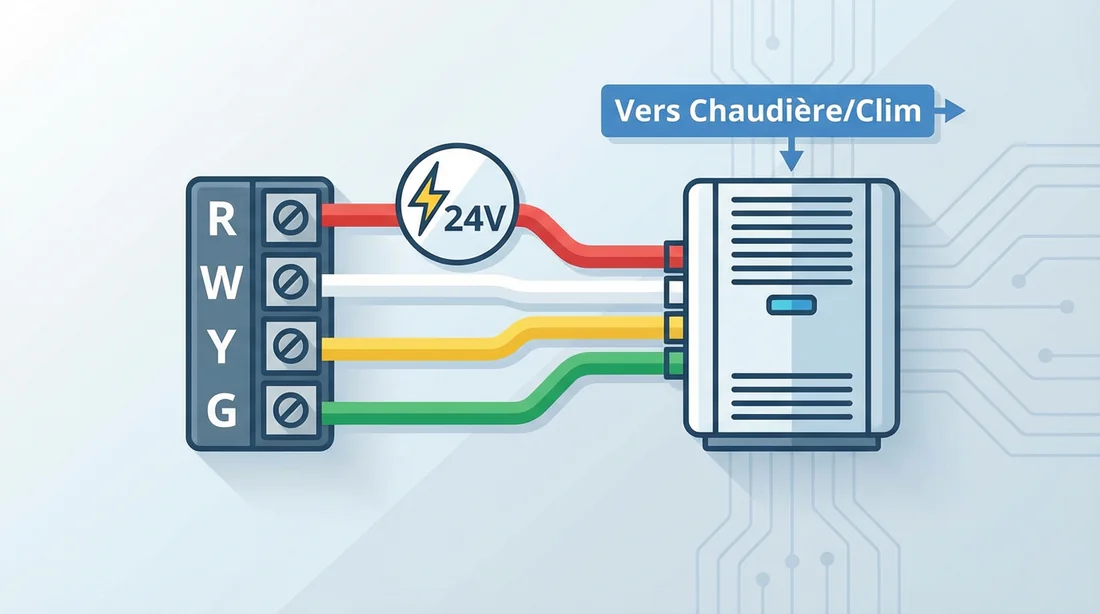 Schéma de câblage basse tension 24V pour thermostat de chaudière ou PAC.