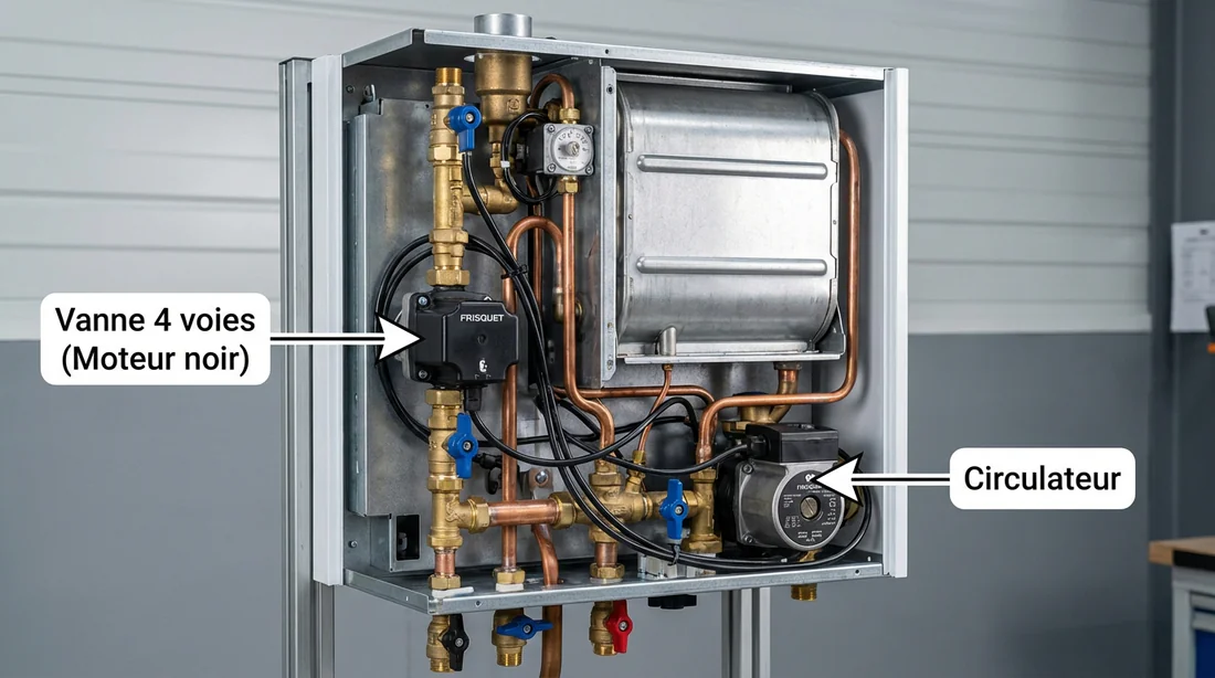 Schéma technique interne d'une chaudière Frisquet identifiant la vanne 4 voies et le circulateur.