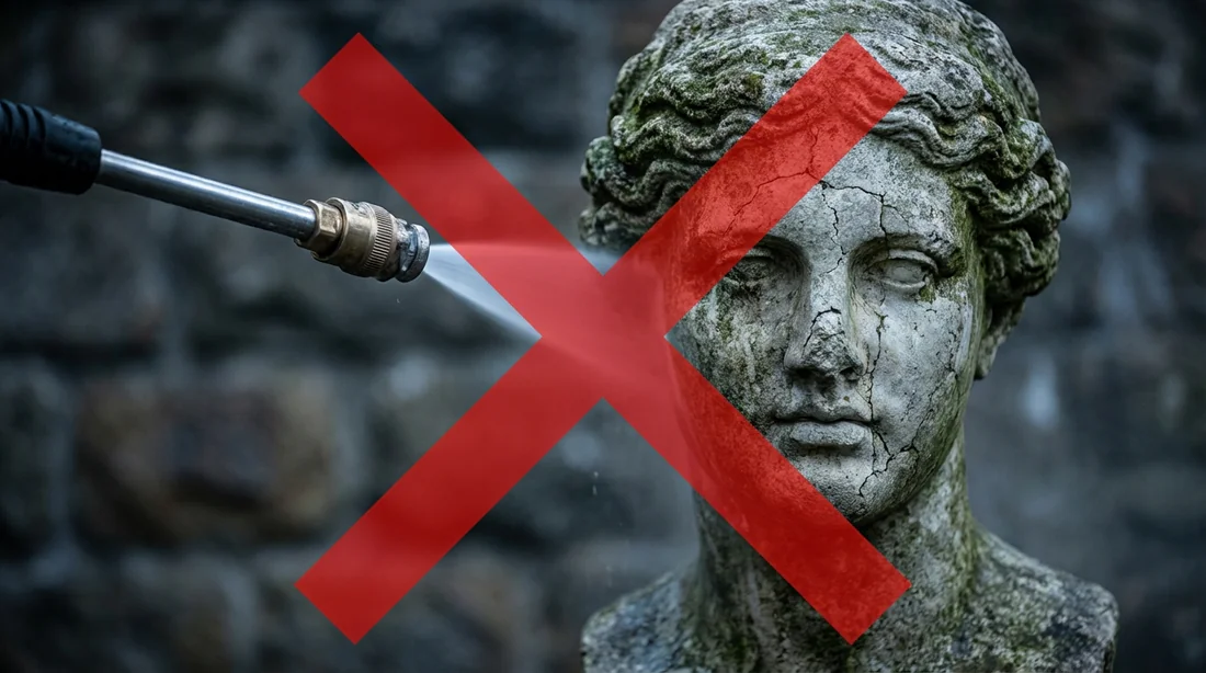 Interdiction d'utiliser un nettoyeur haute pression sur une statue de jardin fragile.