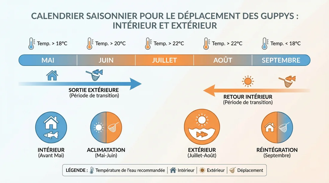 Calendrier de l'estive des guppys indiquant quand les sortir et les rentrer.