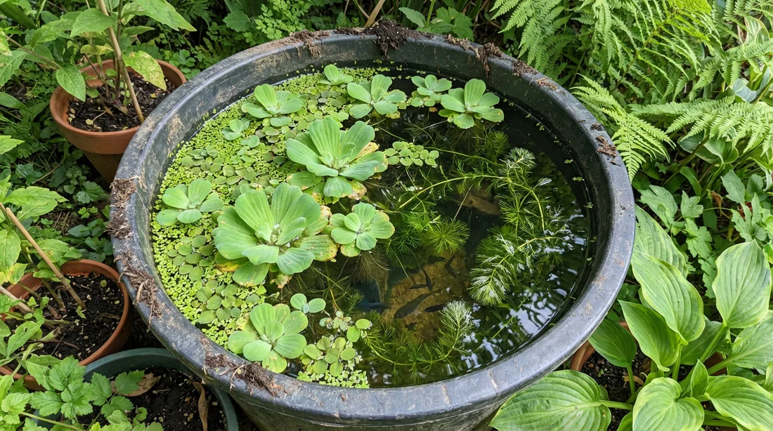 Exemple d'installation d'un poubellarium pour guppys avec des plantes flottantes.