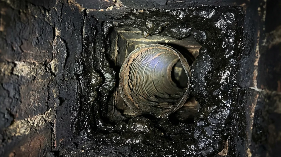 Intérieur d'un conduit de cheminée encrassé par du bistre bloquant le tubage.