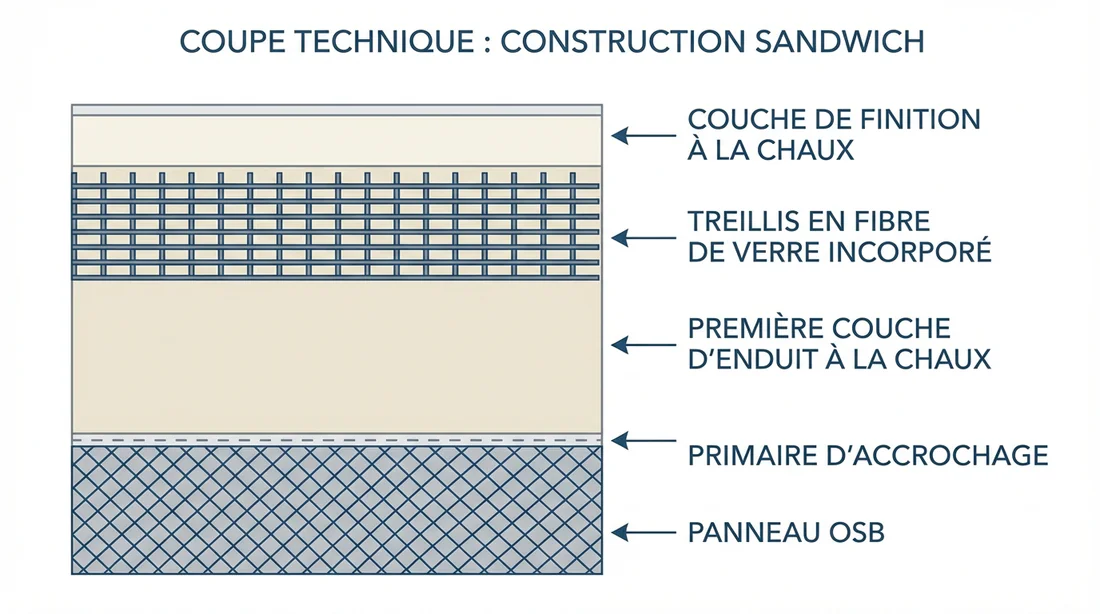 Schéma technique en coupe des couches d'enduit chaux armé sur OSB