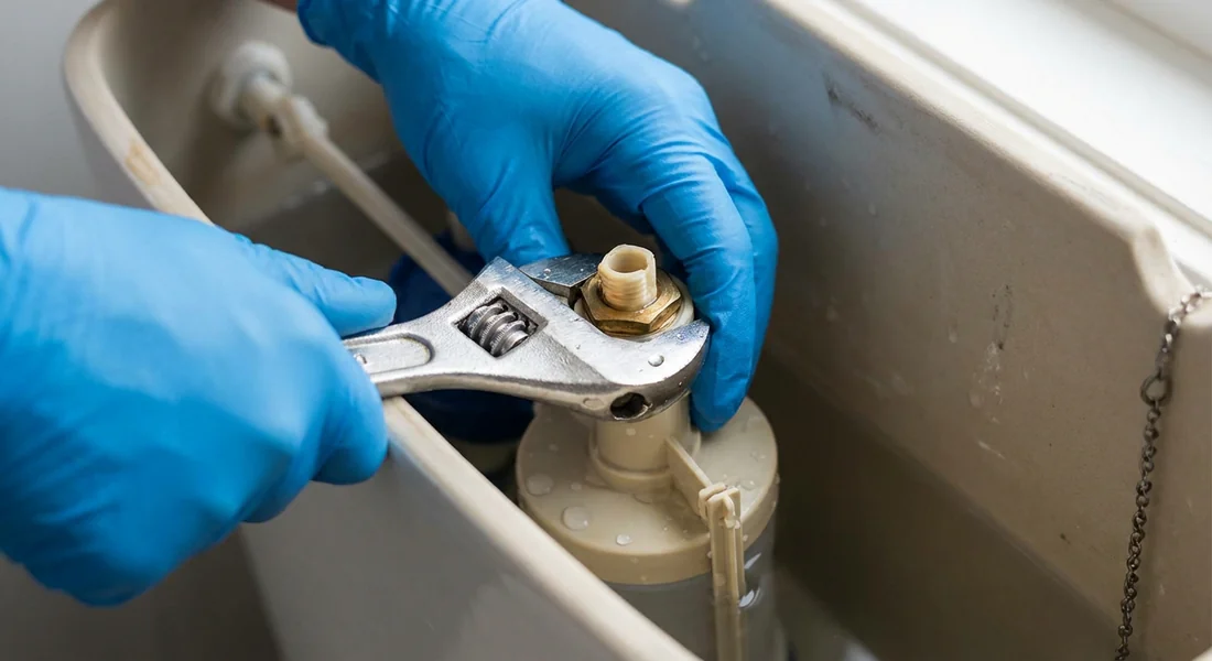 Réparation manuelle du mécanisme de chasse d'eau avec une clé réglable.