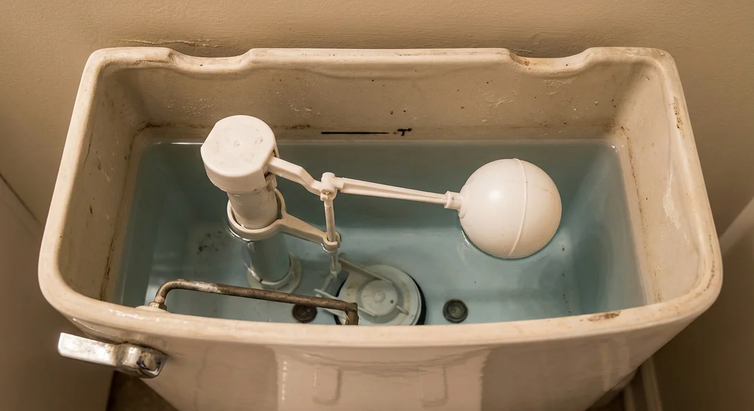 Vue intérieure du mécanisme d'un réservoir de toilette avec le flotteur.