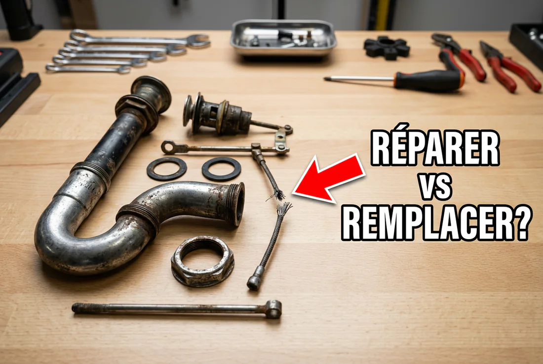 Vue détaillée du mécanisme de vidage à câble sous un évier de cuisine