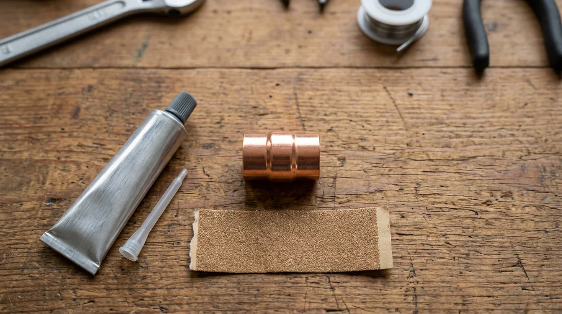 Application de résine époxy sur un raccord de tuyau en cuivre sans chaleur.