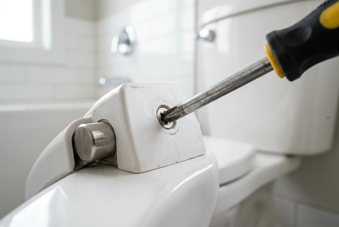 Retrait de l'abattant de toilettes de la cuvette après déblocage des charnières