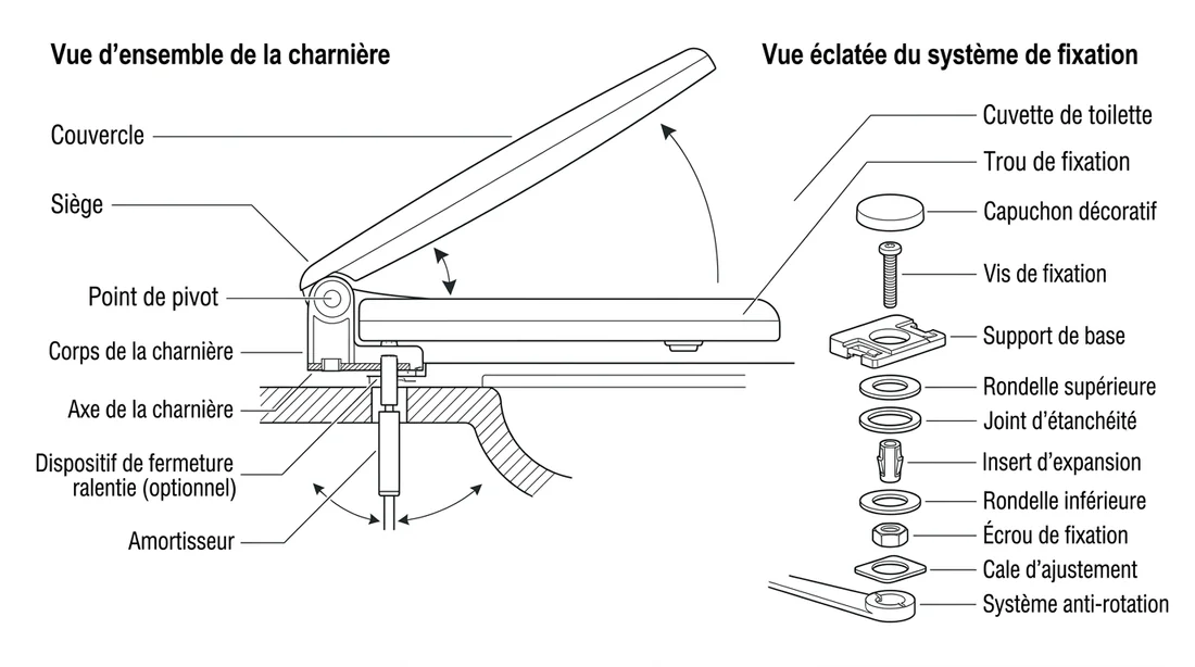 Schéma explicatif des fixations et charnières d'un abattant de WC