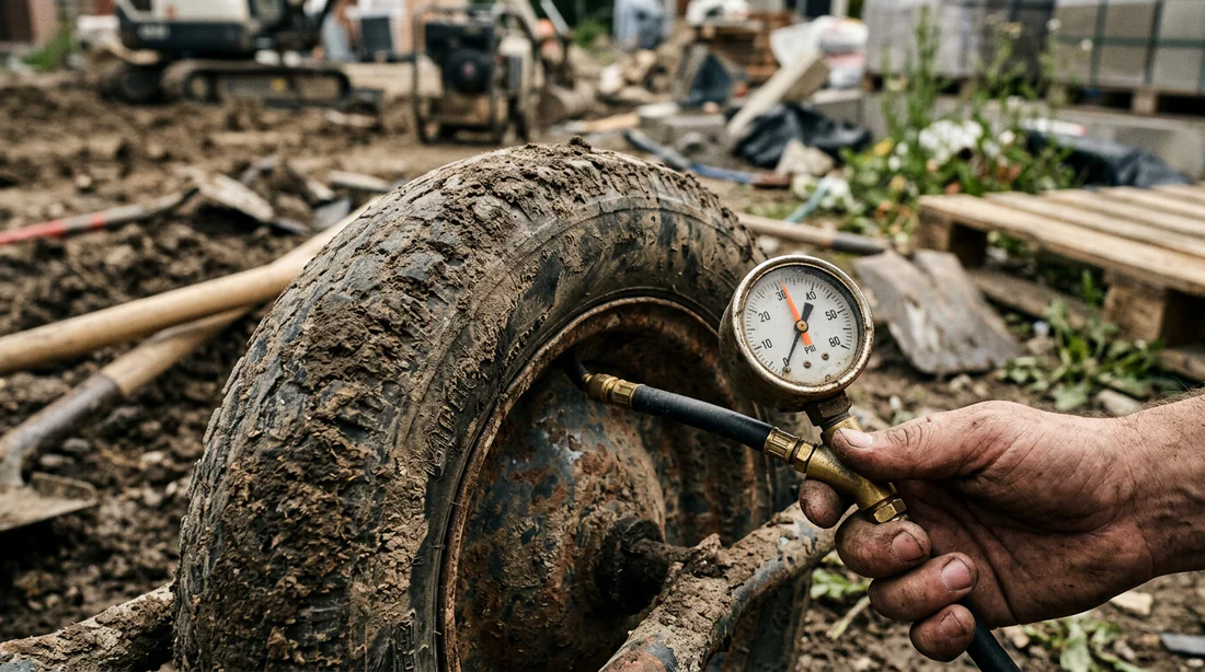 Brouette lourdement chargée de terre avec un pneu sous-gonflé