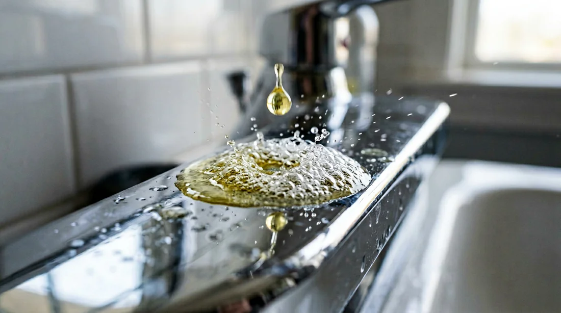 Goutte de produit anticalcaire tombant et réagissant sur une surface en chrome