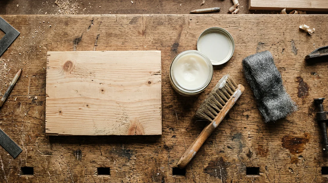 Action de brosser le bois avec de la laine d'acier pour ouvrir les pores