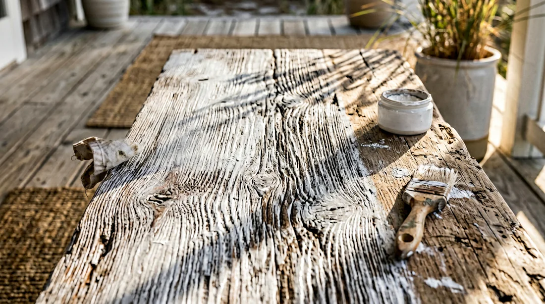 Détail du veinage du bois souligné par la patine blanche