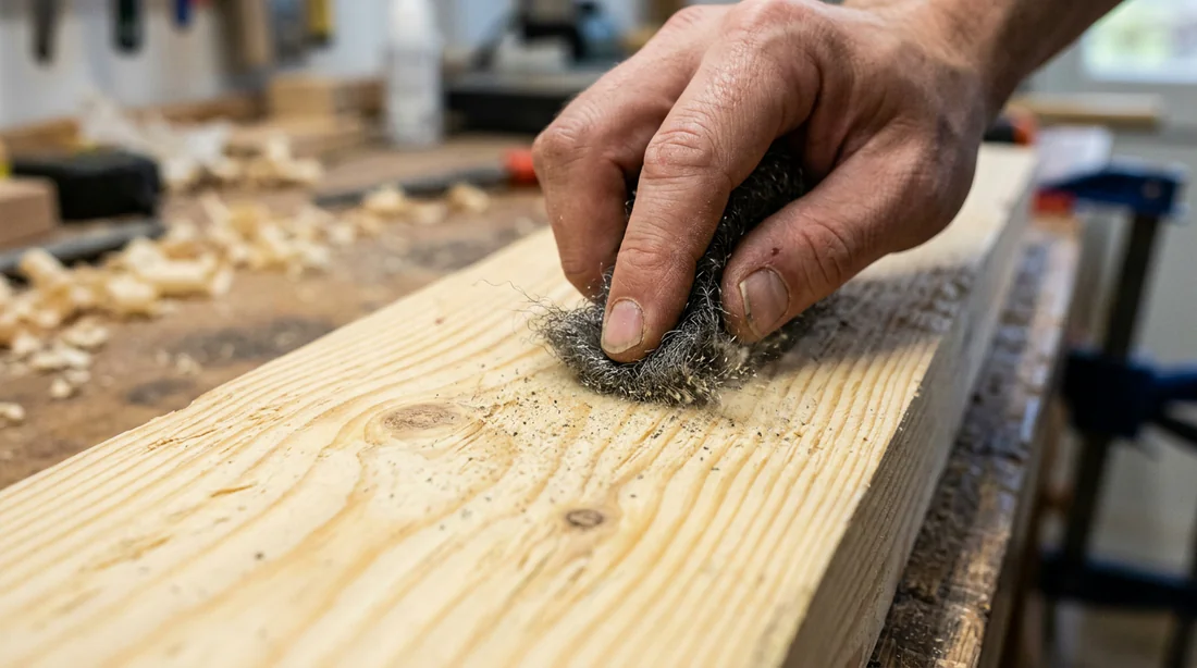 Matériel nécessaire pour vieillir le bois : laine d'acier, brosse et cire blanche