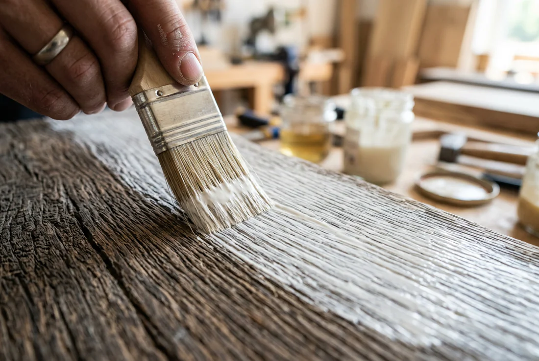 Table basse en pin vieilli dans un salon au design scandinave