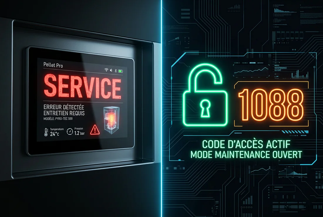 Schéma des étapes pour entrer le code d'entretien 1088 sur l'écran du poêle