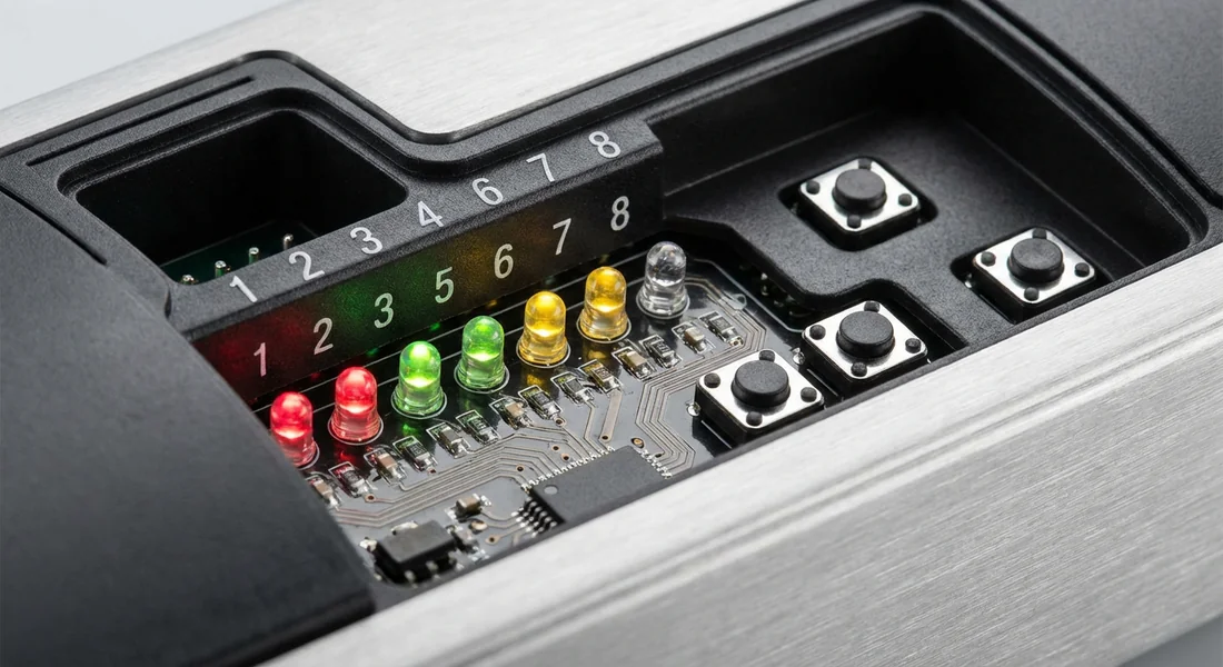 Détail du panneau de contrôle et des LED de diagnostic Marantec.