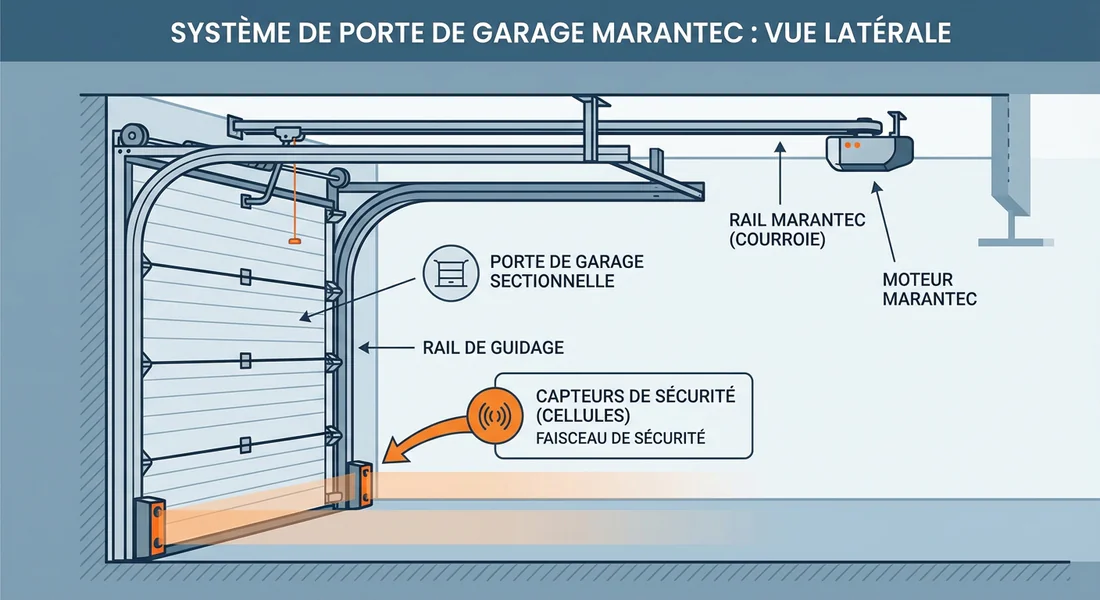 Schéma des composants de sécurité et de traction d'un garage Marantec.