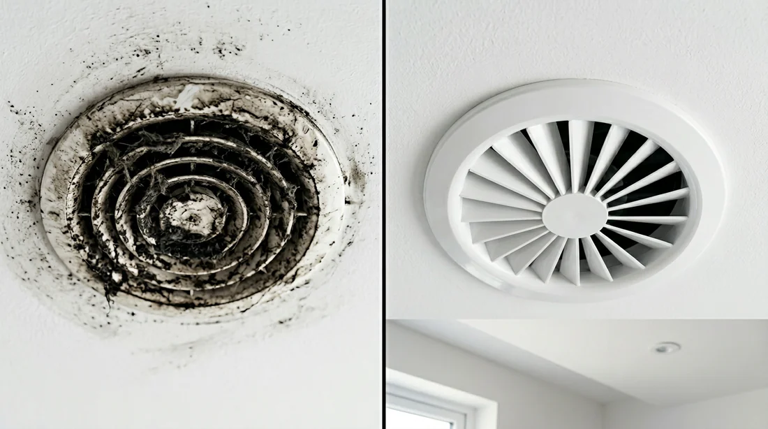 Moisissures et humidité accumulées dans un conduit de VMC