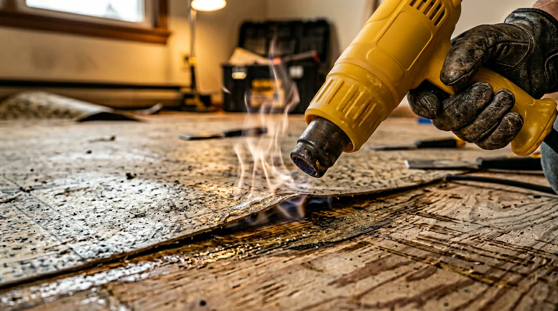 Utilisation d'un décapeur thermique pour ramollir la colle sous le lino.