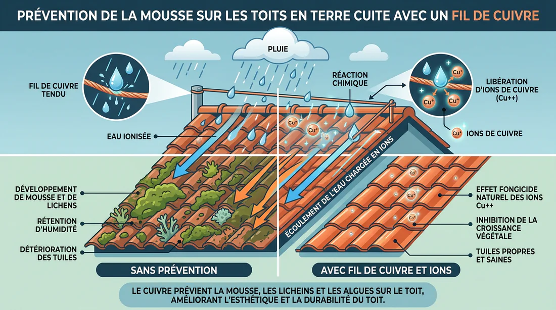 Fil de cuivre installé sur le faîtage d'un toit en tuiles
