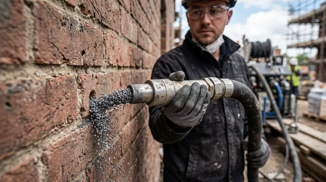 Technicien injectant des billes de graphite dans la façade d'une maison.