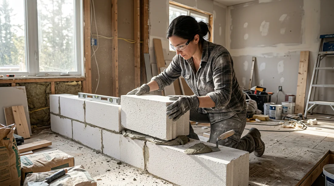 Application de la colle spécifique sur un bloc de béton cellulaire avec une truelle dentée