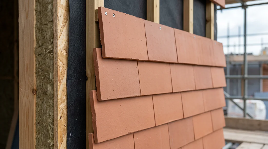 Rendu final d'une maison rénovée avec un bardage en tuiles alliant durabilité et modernité.