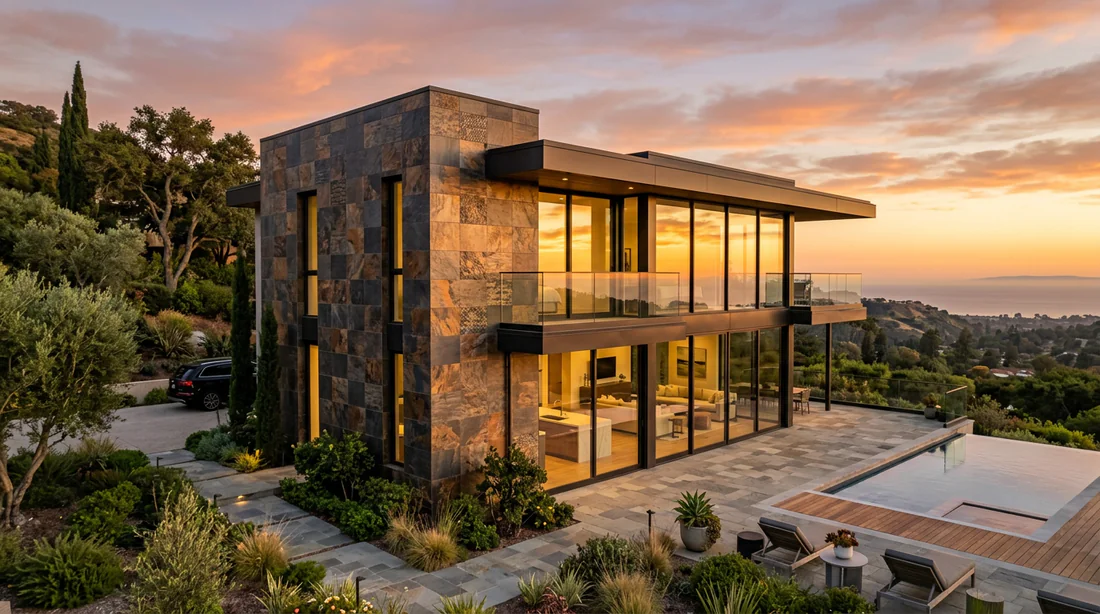 Vue détaillée de l'agencement et du chevauchement des tuiles sur une façade verticale.