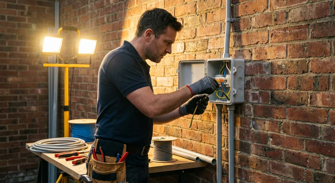Installation d'une boîte de dérivation étanche sur brique.